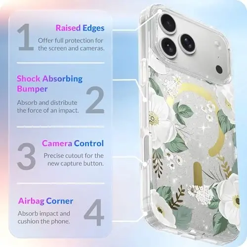 LONLI Hue - iPhone 17 Pro Max uchun magnit g‘ilof - [Magsafe bilan mos keladi] - [Oltin halqa] - Qizlar va ayollar uchun shaffof, yoqimli, zarbaga chidamli himoya telefon g‘ilofi - Oq Flora - 4