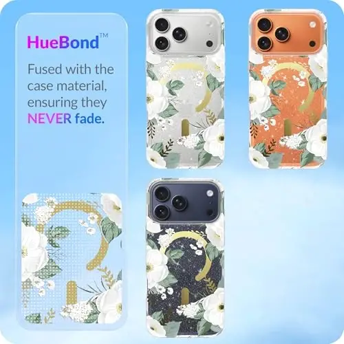 LONLI Hue - iPhone 17 Pro Max uchun magnit g‘ilof - [Magsafe bilan mos keladi] - [Oltin halqa] - Qizlar va ayollar uchun shaffof, yoqimli, zarbaga chidamli himoya telefon g‘ilofi - Oq Flora - 5