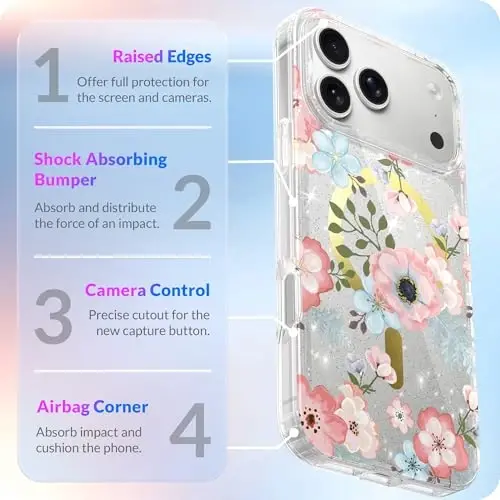 LONLI Hue - iPhone 17 Pro Max uchun magnit g‘ilof - [Magsafe bilan mos keladi] - [Oltin halqa] - Qizlar va ayollar uchun shaffof yoqimli zarbaga chidamli himoya telefon qoplami - Muzli gul - 4
