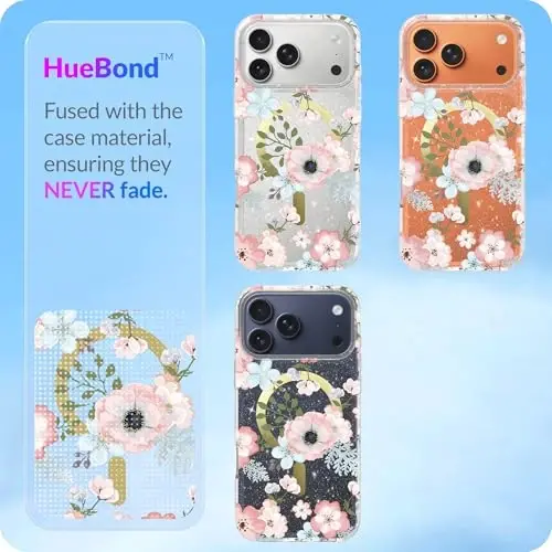 LONLI Hue - iPhone 17 Pro Max uchun magnit g‘ilof - [Magsafe bilan mos keladi] - [Oltin halqa] - Qizlar va ayollar uchun shaffof yoqimli zarbaga chidamli himoya telefon qoplami - Muzli gul - 5