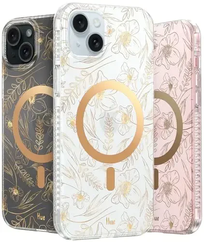 LONLI Hue - Magnetic Case for iPhone 15 - [Compatible with Magsafe] - [360° Shock-Absorbent Bumper] - [Cute and Unique Phone Cover for Girls and Women] - Gold Floral - LONLI