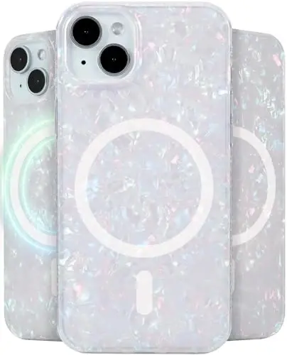 LONLI Hue - Magnetic Case for iPhone 15 Plus - [Compatible with Magsafe] - [360° Shock-Absorbent Bumper] - [Cute and Unique Phone Cover for Girls and Women] - White Pearl Tort 