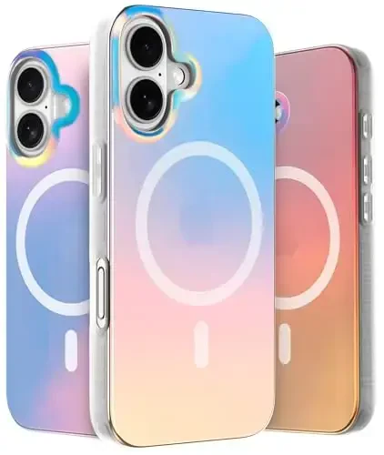 LONLI Hue - Magnetic Case for iPhone 16 - [Compatible with Magsafe] - [360° Shock-Absorbent Bumper] - [Cute and Unique Phone Cover for Girls and Women] - Fluorescent Holographic Iridescent - 1