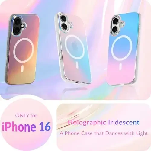 LONLI Hue - Magnetic Case for iPhone 16 - [Compatible with Magsafe] - [360° Shock-Absorbent Bumper] - [Cute and Unique Phone Cover for Girls and Women] - Fluorescent Holographic Iridescent - 2