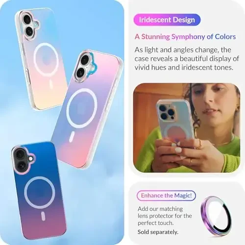 LONLI Hue - Magnetic Case for iPhone 16 - [Compatible with Magsafe] - [360° Shock-Absorbent Bumper] - [Cute and Unique Phone Cover for Girls and Women] - Fluorescent Holographic Iridescent - 3