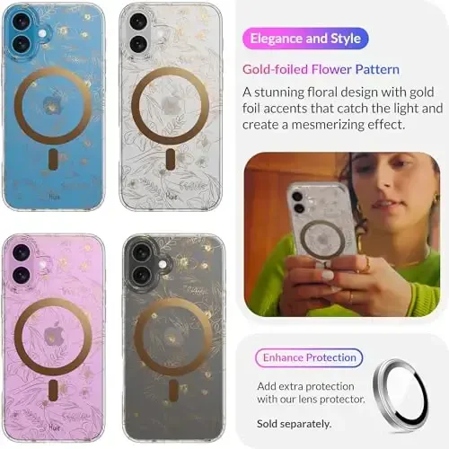 LONLI Hue - Magnetic Case for iPhone 16 - [Compatible with Magsafe] - [360° Shock-Absorbent Bumper] - [Cute and Unique Phone Cover for Girls and Women] - Gold Floral - 3