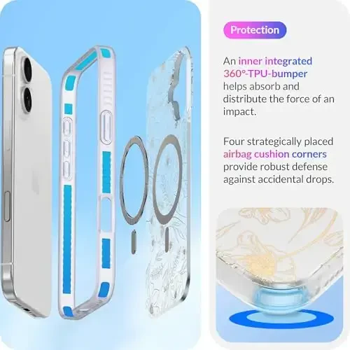 LONLI Hue - Magnetic Case for iPhone 16 - [Compatible with Magsafe] - [360° Shock-Absorbent Bumper] - [Cute and Unique Phone Cover for Girls and Women] - Gold Floral - 5