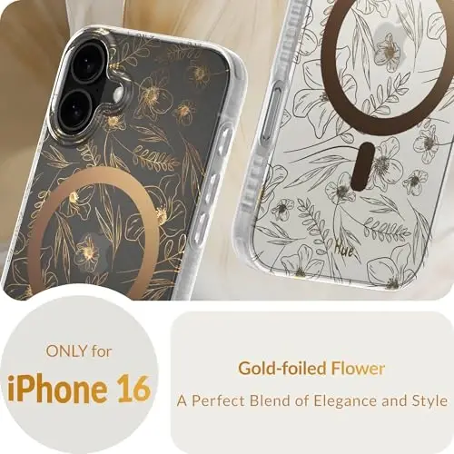 LONLI Hue - Magnetic Case for iPhone 16 - [Compatible with Magsafe] - [360° Shock-Absorbent Bumper] - [Cute and Unique Phone Cover for Girls and Women] - Gold Floral - 2