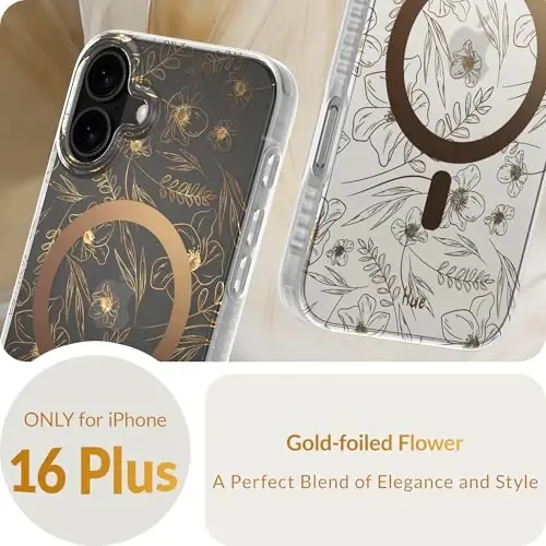 LONLI Hue - Magnetic Case for iPhone 16 Plus - [Compatible with Magsafe] - [360° Shock-Absorbent Bumper] - [Cute and Unique Phone Cover for Girls and Women] - Gold Floral - 2