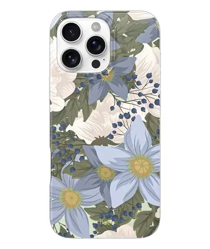 LONLI Hue - Magnetic Case for iPhone 16 Pro - [Compatible with Magsafe] - [360° Shock-Absorbent Bumper] - [Cute and Unique Phone Cover for Girls and Women] - Blue Flower 
