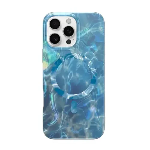LONLI Hue - Magnetic Case for iPhone 16 Pro - [Compatible with Magsafe] - [360° Shock-Absorbent Bumper] - [Cute and Unique Phone Cover for Girls and Women] - Blue Flower 