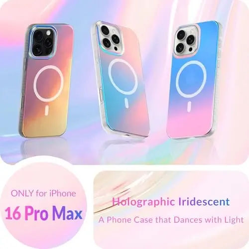LONLI Hue - Magnetic Case for iPhone 16 Pro Max - [Compatible with Magsafe] - [360° Shock-Absorbent Bumper] - [Cute and Unique Phone Cover for Girls and Women] - Fluorescent Holographic Iridescent - 2