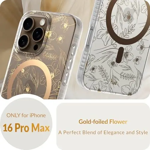 LONLI Hue - Magnetic Case for iPhone 16 Pro Max - [Compatible with Magsafe] - [360° Shock-Absorbent Bumper] - [Cute and Unique Phone Cover for Girls and Women] - Gold Floral - LONLI (1)