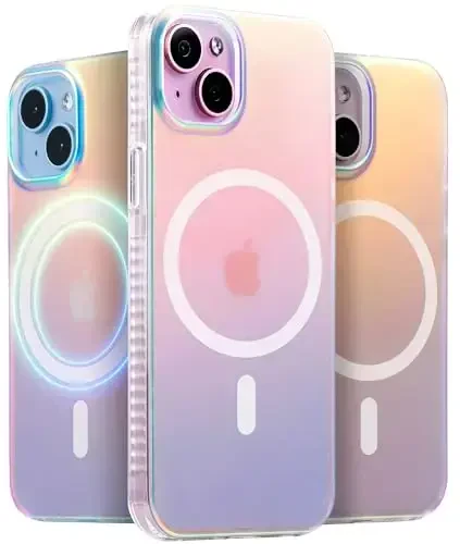 LONLI Hue - магнитный чехол для iPhone 15 - [совместим с Magsafe] - [ударопрочный бампер на 360°] - [милый и уникальный чехол для девушек и женщин] - флуоресцентный голографический радужный 