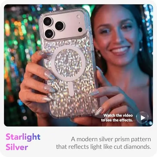 LONLI Hue - Prism Diamond Series Case for iPhone 17 Pro, Silver Diamond-Shimmer Protective Phone Case for Girls and Women, Clear TPU with Powerful Magnetic Ring for Magsafe - 2