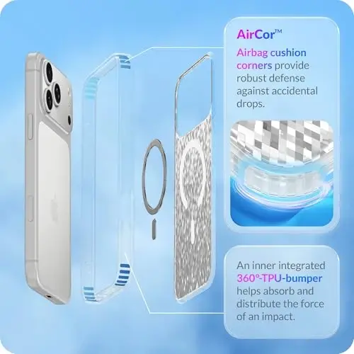 LONLI Hue - Prism Diamond Series Case for iPhone 17 Pro, Silver Diamond-Shimmer Protective Phone Case for Girls and Women, Clear TPU with Powerful Magnetic Ring for Magsafe - 5