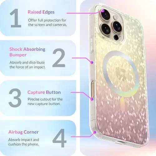 LONLI Hue - Prismatic Rainbow Diamond Facet Sparkling Magnetic Phone Case for iPhone 16 Pro Max - [Magsafe bilan mos keladi] - [Sparkle Glow Finish, Luxe Glitter Protection] - iPhone 16 Pro Max uchun - 6