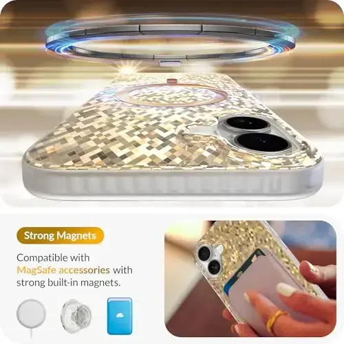 LONLI Hue - Champagne Gold Diamond Facet Sparkling Magnetic Phone Case for iPhone 16 - [Compatible with Magsafe] - [Sparkle Glow Finish, Luxe Glitter Protection] - for iPhone 16 - 3