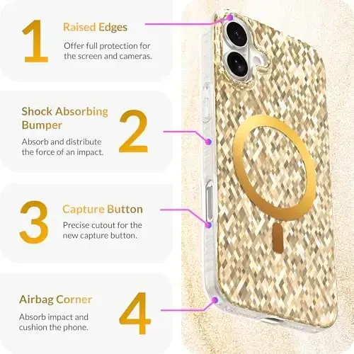 LONLI Hue - Champagne Gold Diamond Facet Sparkling Magnetic Phone Case for iPhone 16 - [Compatible with Magsafe] - [Sparkle Glow Finish, Luxe Glitter Protection] - for iPhone 16 - 6