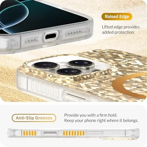 LONLI Hue - Champagne Gold Diamond Facet Sparkling Magnetic Phone Case for iPhone 16 Pro - [Compatible with Magsafe] - [Sparkle Glow Finish, Luxe Glitter Protection] - for iPhone 16 Pro - 5