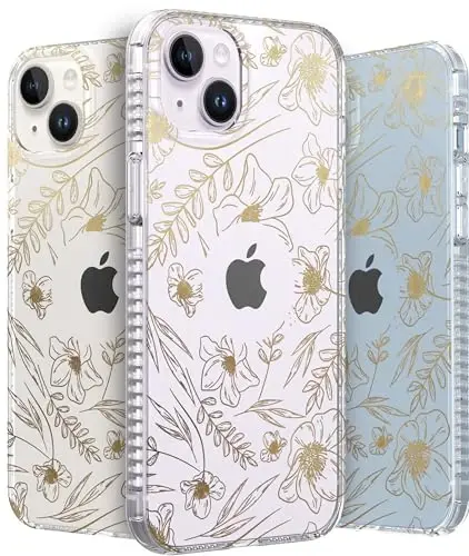 LONLI iPhone 14 Plus uchun Hue Case - [360° zarbani yutuvchi bamper] - [Qizlar va ayollar uchun yoqimli va noyob telefon qopqog'i] - Oltin gul naqshli 