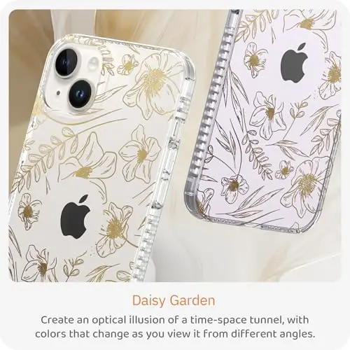 LONLI iPhone 14 Plus uchun Hue Case - [360° zarbani yutuvchi bamper] - [Qizlar va ayollar uchun yoqimli va noyob telefon qopqog'i] - Oltin gul naqshli - 2