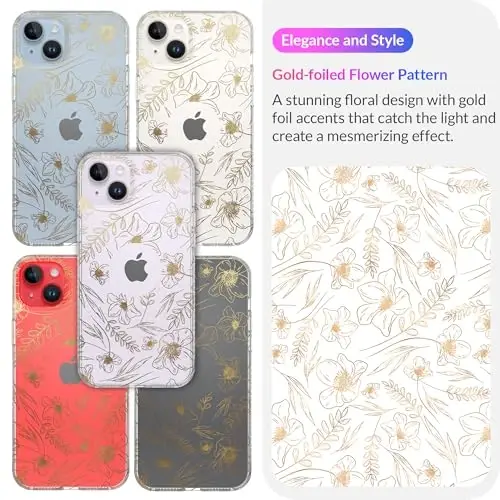 LONLI iPhone 14 Plus uchun Hue Case - [360° zarbani yutuvchi bamper] - [Qizlar va ayollar uchun yoqimli va noyob telefon qopqog'i] - Oltin gul naqshli - 3