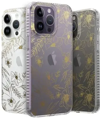 LONLI iPhone 14 Pro uchun g'ilofi - [360° zarbani yutuvchi bamper] - [Qizlar va ayollar uchun yoqimli va noyob telefon qopqog'i] - Oltin gul naqshli - 1