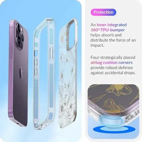 LONLI iPhone 14 Pro uchun g'ilofi - [360° zarbani yutuvchi bamper] - [Qizlar va ayollar uchun yoqimli va noyob telefon qopqog'i] - Oltin gul naqshli - 4