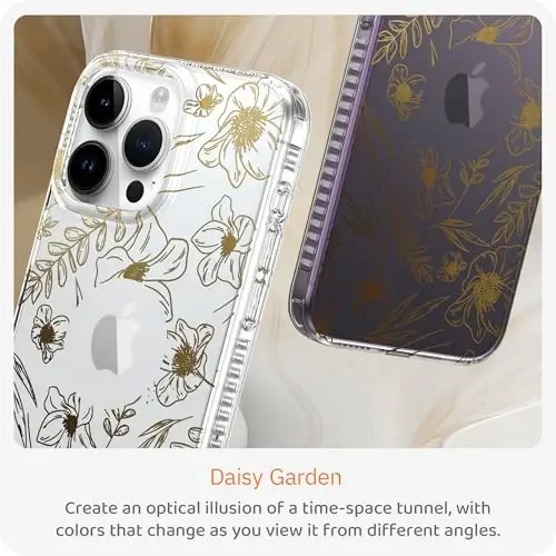 LONLI iPhone 14 Pro uchun g'ilofi - [360° zarbani yutuvchi bamper] - [Qizlar va ayollar uchun yoqimli va noyob telefon qopqog'i] - Oltin gul naqshli - 2
