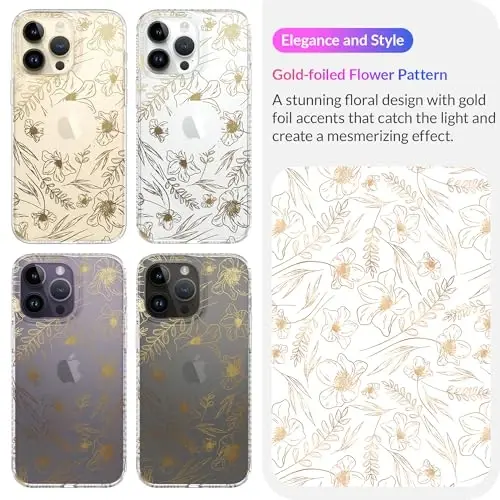 LONLI iPhone 14 Pro uchun g'ilofi - [360° zarbani yutuvchi bamper] - [Qizlar va ayollar uchun yoqimli va noyob telefon qopqog'i] - Oltin gul naqshli - 3