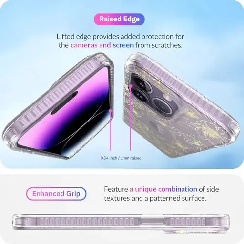 LONLI iPhone 14 Pro uchun g'ilofi - [360° zarbani yutuvchi bamper] - [Qizlar va ayollar uchun yoqimli va noyob telefon qopqog'i] - Oltin gul naqshli - 5