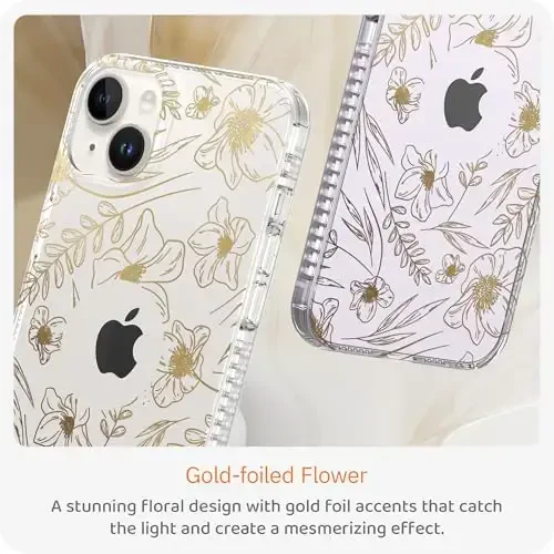 LONLI iPhone 14 uchun Hue Case - [360° zarbani yutuvchi bamper] - [Qizlar va ayollar uchun yoqimli va noyob telefon qopqog'i] - Oltin gul - 2