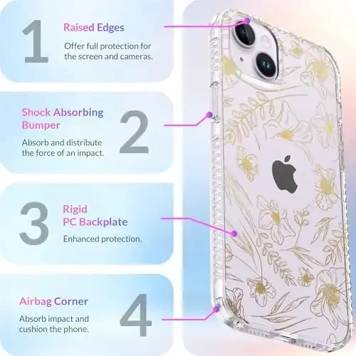 LONLI iPhone 14 uchun Hue Case - [360° zarbani yutuvchi bamper] - [Qizlar va ayollar uchun yoqimli va noyob telefon qopqog'i] - Oltin gul - 6