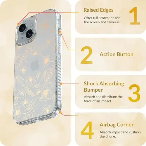 LONLI iPhone 15 Plus uchun Hue Case - [360° zarbani yutuvchi bamper] - [Qizlar va ayollar uchun yoqimli va noyob telefon qopqog'i] - Oltin gul - 5