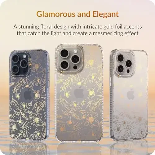 LONLI iPhone 15 Pro uchun g‘ilof - [360° zarbani yutuvchi bamper] - [Qizlar va ayollar uchun yoqimli va noyob telefon qopqog‘i] - Oltin gulli - 3