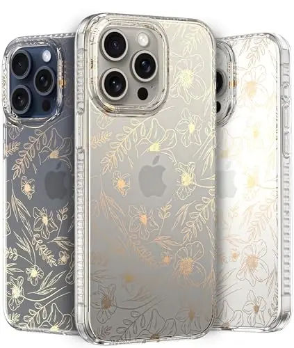 LONLI iPhone 15 Pro uchun g‘ilof - [360° zarbani yutuvchi bamper] - [Qizlar va ayollar uchun yoqimli va noyob telefon qopqog‘i] - Oltin gulli 