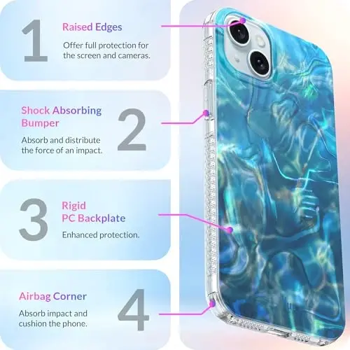LONLI iPhone 15 uchun g'ilof - [360° zarbani yutuvchi bamper] - [Qizlar va ayollar uchun yoqimli va noyob telefon qopqog'i] - Okean to'lqini - 6