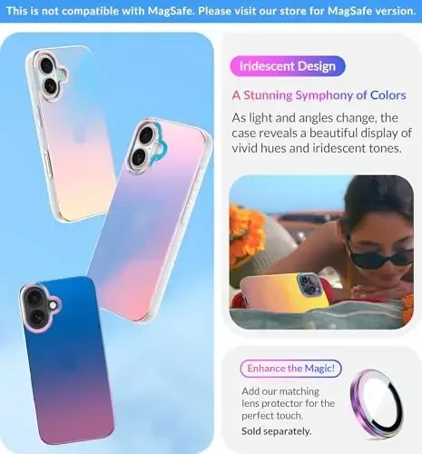 LONLI iPhone 16 Plus uchun Hue Case - [360° zarbani yutuvchi bamper] - [Qizlar va ayollar uchun yoqimli va noyob telefon qopqog'i] - Floresan Golografik Iridescent - 3