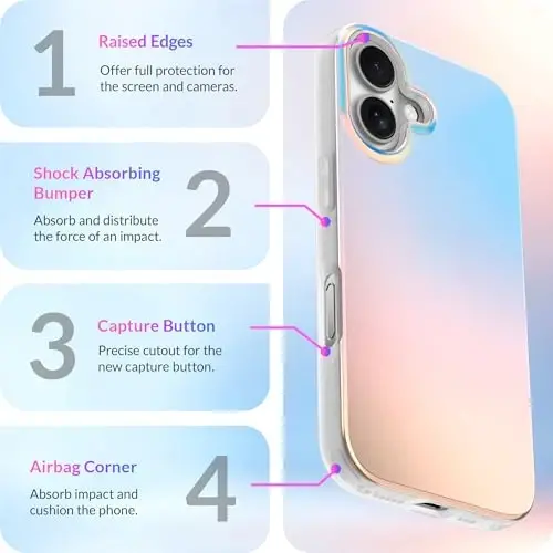 LONLI iPhone 16 Plus uchun Hue Case - [360° zarbani yutuvchi bamper] - [Qizlar va ayollar uchun yoqimli va noyob telefon qopqog'i] - Floresan Golografik Iridescent - 6
