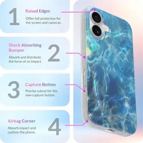 LONLI iPhone 16 Plus uchun Hue Case - [360° zarbani yutuvchi bamper] - [Qizlar va ayollar uchun yoqimli va noyob telefon qopqog'i] - Okean to'lqini - 6