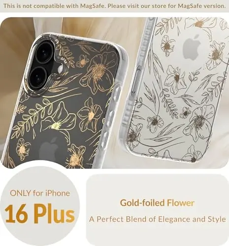 LONLI iPhone 16 Plus uchun Hue Case - [360° zarbani yutuvchi bamper] - [Qizlar va ayollar uchun yoqimli va noyob telefon qopqog'i] - Oltin gul naqshli - LONLI (1)