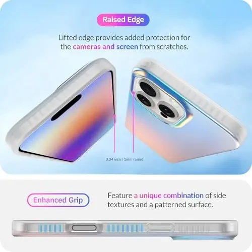 LONLI iPhone 16 Pro Max uchun Hue Case - [360° zarbani yutuvchi bamper] - [Qizlar va ayollar uchun yoqimli va noyob telefon qopqog'i] - Fluorescent Holographic Iridescent - 4