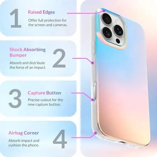 LONLI iPhone 16 Pro Max uchun Hue Case - [360° zarbani yutuvchi bamper] - [Qizlar va ayollar uchun yoqimli va noyob telefon qopqog'i] - Fluorescent Holographic Iridescent - 2
