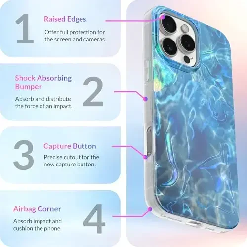 LONLI iPhone 16 Pro Max uchun Hue Case - [360° zarbani yutuvchi bamper] - [Qizlar va ayollar uchun yoqimli va noyob telefon qopqog'i] - Okean to'lqini - 6