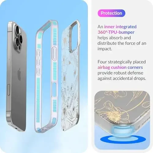 LONLI iPhone 16 Pro Max uchun Hue g'ilofi - [360° zarbani yutuvchi bamper] - [Qizlar va ayollar uchun yoqimli va noyob telefon qopqog'i] - Oltin gul naqshli - 4