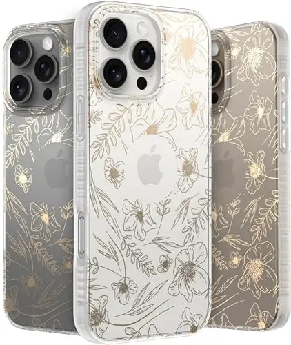 LONLI iPhone 16 Pro Max uchun Hue g'ilofi - [360° zarbani yutuvchi bamper] - [Qizlar va ayollar uchun yoqimli va noyob telefon qopqog'i] - Oltin gul naqshli - 1