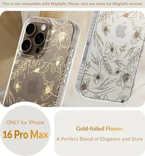 LONLI iPhone 16 Pro Max uchun Hue g'ilofi - [360° zarbani yutuvchi bamper] - [Qizlar va ayollar uchun yoqimli va noyob telefon qopqog'i] - Oltin gul naqshli - 2