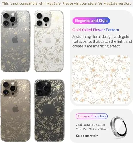 LONLI iPhone 16 Pro Max uchun Hue g'ilofi - [360° zarbani yutuvchi bamper] - [Qizlar va ayollar uchun yoqimli va noyob telefon qopqog'i] - Oltin gul naqshli - 3