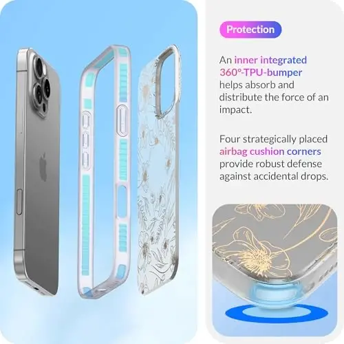 LONLI iPhone 16 Pro Max uchun Hue g'ilofi - [360° zarbani yutuvchi bamper] - [Qizlar va ayollar uchun yoqimli va noyob telefon qopqog'i] - Oltin gul naqshli - 4